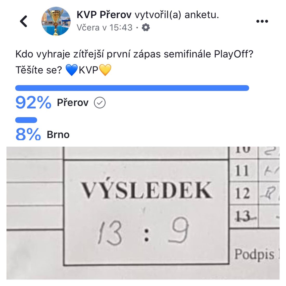 Přerov v prvním zápase poráží Brno 13:9 ‼️‼️ Díky moc všem co věřili a přišli nás…